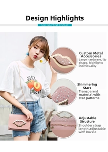 Detail of pink PU crossbody bag featuring a unique metal lip-shaped lock with star sequins