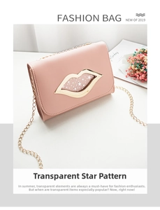 Detailed view of a pink chain crossbody bag featuring a golden-rimmed lip-shaped cutout