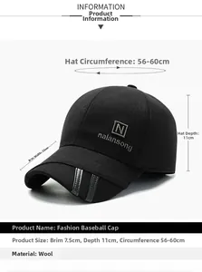 Detailed size chart of middle-aged men wool baseball cap with dimensions and embroidery logo