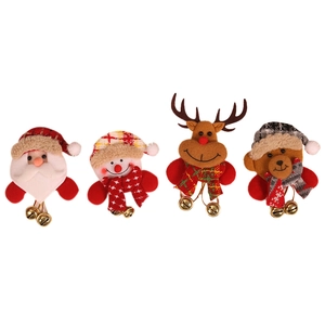 Set of four Christmas plush pins with Santa, snowman, elk, bear and gold bells