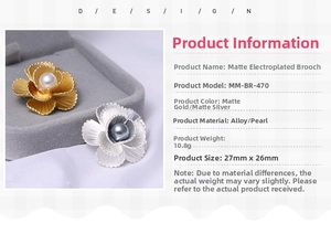 Macro detail of matte gold and silver flower brooches with pearls in a jewelry display
