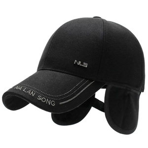 Winter baseball cap for men with ear flaps and wool fabric in black color