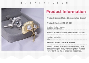 Detailed macro view of 35mm matte ginkgo leaf brooch with alloy, pearl and rhinestone