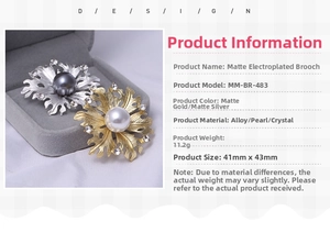 Detail view of flower brooch with matte gold and silver finish, pearls, and rhinestones