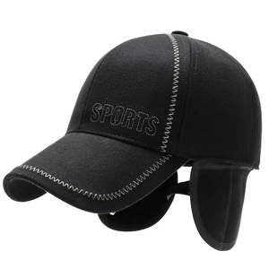Winter wool baseball cap for men with ear flaps and sports embroidery in black