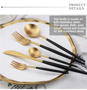 Macro view of 304 stainless steel black and gold cutlery set with matte finish