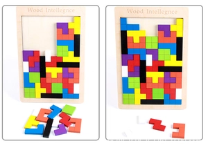 Detail view of colorful wooden tetris blocks and puzzle pieces for early learning