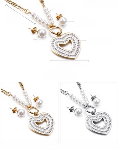 Detail view of heart-shaped stainless steel necklace and earrings set with shell pearls