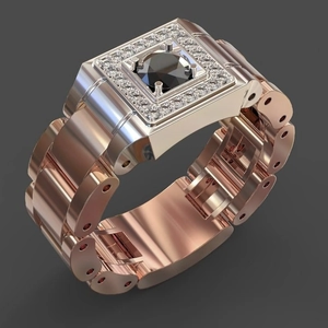 Detail view of a luxury men's rose gold band ring featuring a square black gemstone