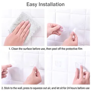 Strong transparent adhesive wall hooks installation guide on smooth white ceramic tile