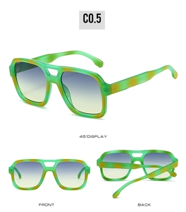 Three-view display of square aviator sunglasses with green tortoiseshell frame and gradient lenses