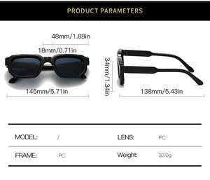 Detailed size chart for black rectangular sunglasses including PC frame and lens dimensions