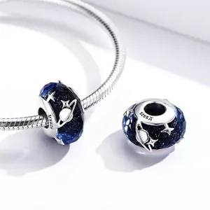 S925 sterling silver bead charm with dark blue galaxy patterns and star engravings