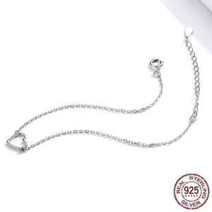 Minimalist 925 sterling silver hollow heart pendant bracelet with adjustable link chain