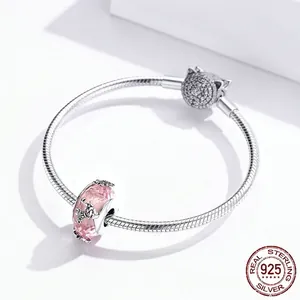 S925 sterling silver snake chain bracelet with pink crystal charm and cat-shaped clasp