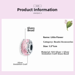 Detail of S925 silver pink glass bead charm with floral silver casing and dimensions