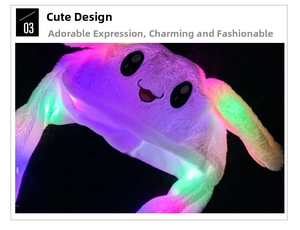 Close-up of white plush bunny hat featuring glowing colorful LED lights on soft fabric