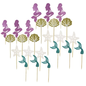 Glittery mermaid princess cupcake toppers with shells and pearls for birthday parties