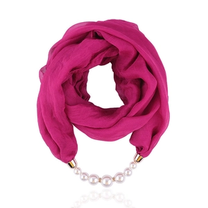 Rose red chiffon scarf necklace with elegant faux pearls and gold connectors on white back