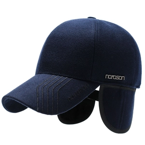 Navy wool blend winter baseball cap with ear flaps for men, featuring a warm padded design