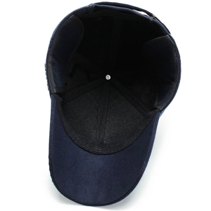 Men's navy wool blend baseball cap with ear flaps and thickened warm fleece lining