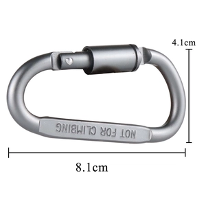 Aluminum D-ring carabiner in gunmetal gray with screw lock, dimensions 8.1cm by 4.1cm