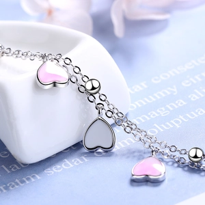 Japanese style cherry blossom pink enamel heart charm double layer silver bracelet