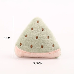 Detailed view of plush watermelon slice charm showing 5cm size and soft green fabric