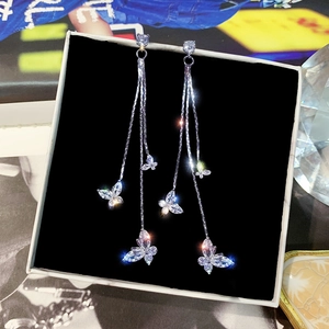 Elegant silver tassel butterfly earrings with sparkling cubic zirconia for women