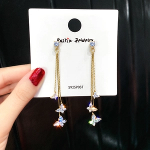 S925 silver needle drop earrings with sparkling blue zircon and butterfly tassels