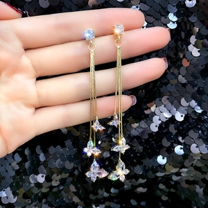 Butterfly Long Tassel Dangle Earrings With 925 Sterling Silver Earring Post Alloy Zircon Sparkling Elegant Korean Style