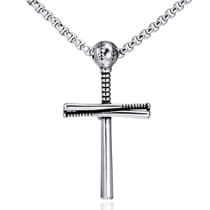Collier pour hommes avec pendentif croix batte de baseball en acier inoxydable argenté