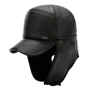 Winter thermal leather baseball cap with ear flaps and warm lining in black sport style
