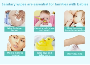 Collage showing portable baby wipes used for cleaning hands, toys, and facial care