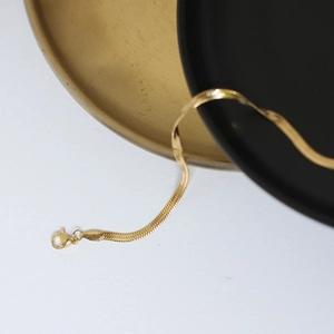 Detail of gold-plated flat snake chain choker with lobster clasp and mirror-like finish