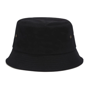 Close-up of black cotton bucket hat showing parallel stitching and metal ventilation eyelets