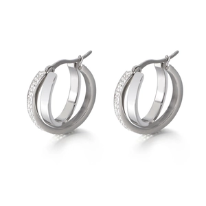 Three-layer silver hoop earrings with shimmering cubic zirconia pavé and polished finish