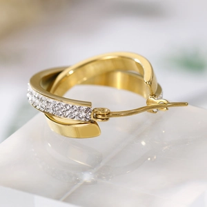 Golden double hoop earrings with sparkling rhinestones in a modern minimalist design