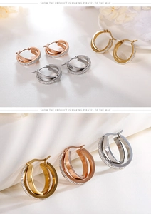 Macro shot of triple hoop earrings in gold, silver, and rose gold with pavé crystals