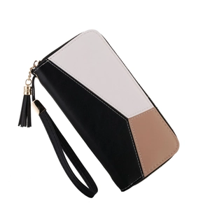 Detail of color block long wallet with tassel zipper and detachable wrist strap