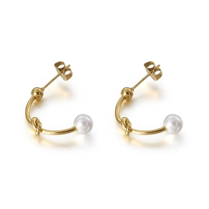 Golden double pearl stud earrings with knot detail and minimalist semi-circle metal design