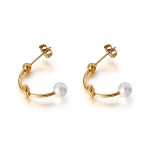 Stainless Steel Stud Earrings With Shell Artificial Pearl Knot Design C-Shaped Elegant Geometric Jewelry For Women