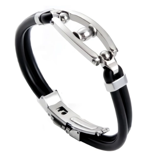 Bracelet minimaliste en acier inoxydable poli et silicone noir pour hommes et femmes