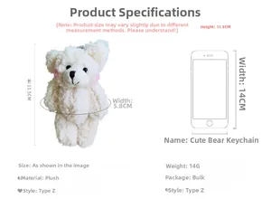 Size chart for cute plush bear pendant showing 14cm width and 11.5cm height measurements