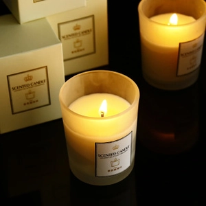 Close-up of a scented candle in frosted glass with coconut oil and plant essences