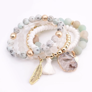 Bohemian multi-layer natural stone beaded bracelet set with gold feather and tassel charms