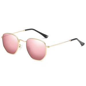 Octagonal metal sunglasses with pink reflective lenses and gold frame in 45-degree angle