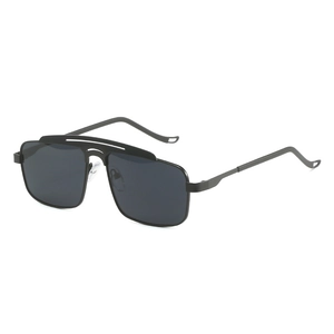 Flat top black pilot sunglasses with double bridge matte metal frame and dark lenses