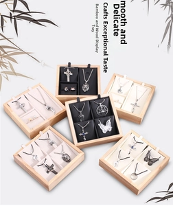 Bamboo jewelry display trays with velvet lining for rings, necklaces and pendants