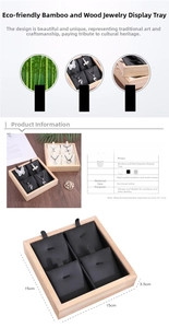 Detailed size specifications for bamboo jewelry tray with four black leather necklace slots